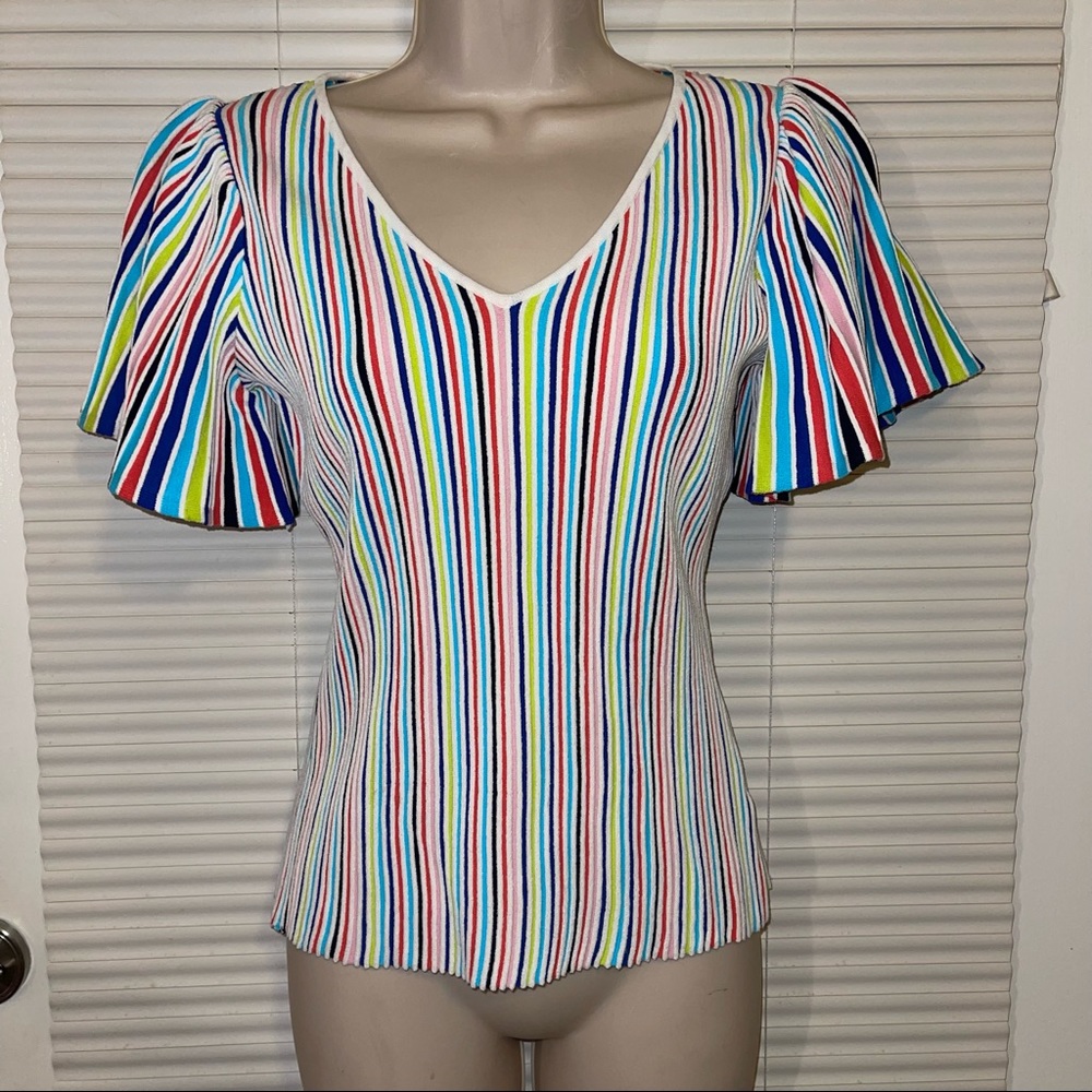 Milly Striped Flutter-Sleeve Rib- Knit Top - Picture 4 of 9